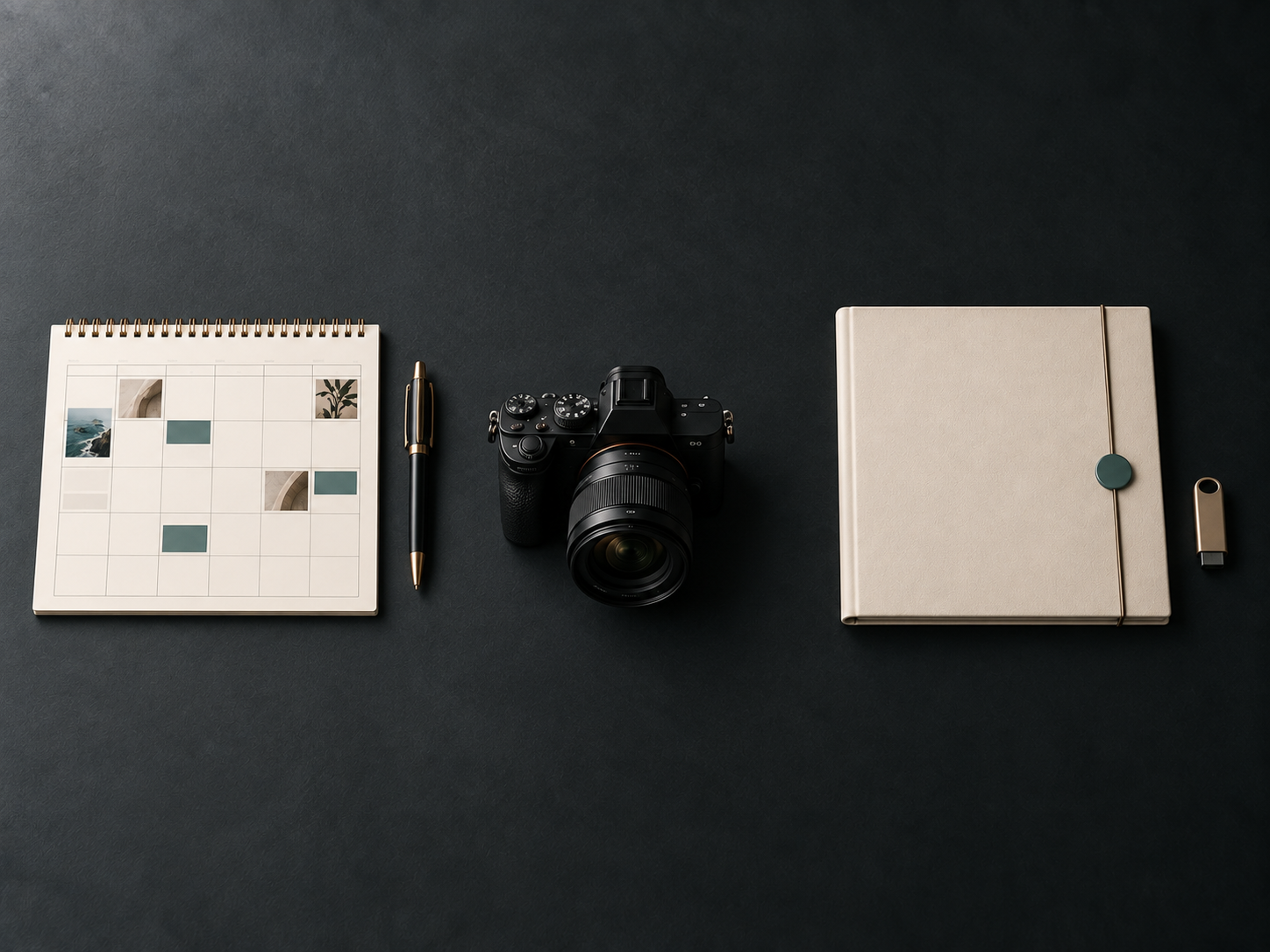 Kamera, Contentplan, Notizbuch und Stift auf dunklem Untergrund