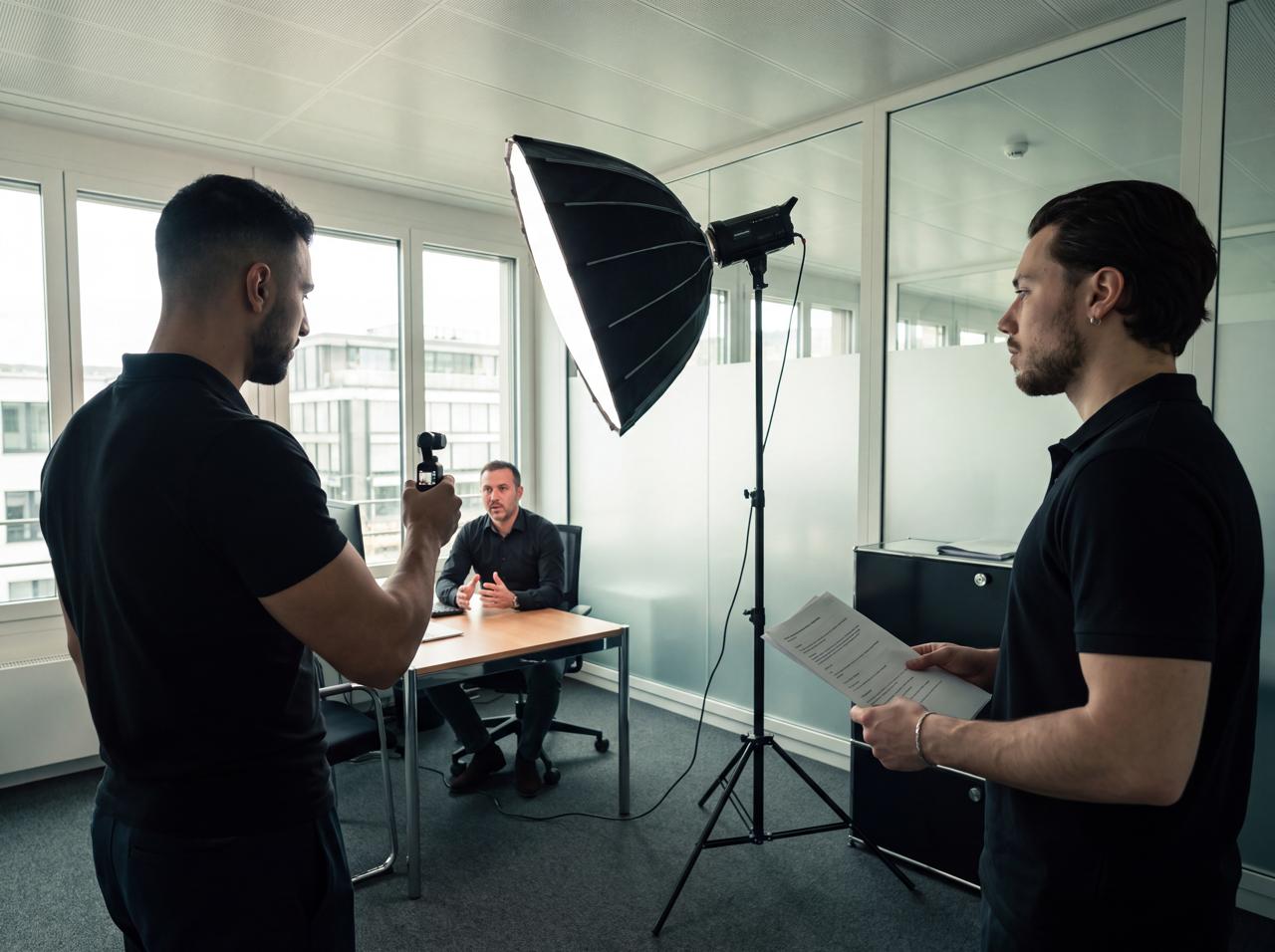 CEMEON Team beim Dreh eines Interviews im Büro eines Schweizer KMU